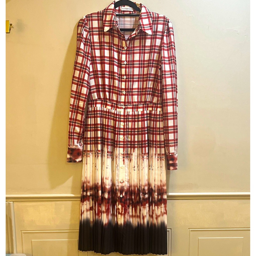 Altuzarra Womens EU 36 Plaid Pleated Collared Button Front Midi Shirt Dress
